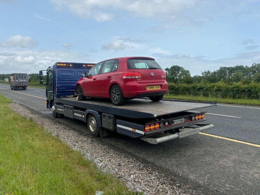 Private car secured for recovery on Northern Ireland motorway by AL Recovery