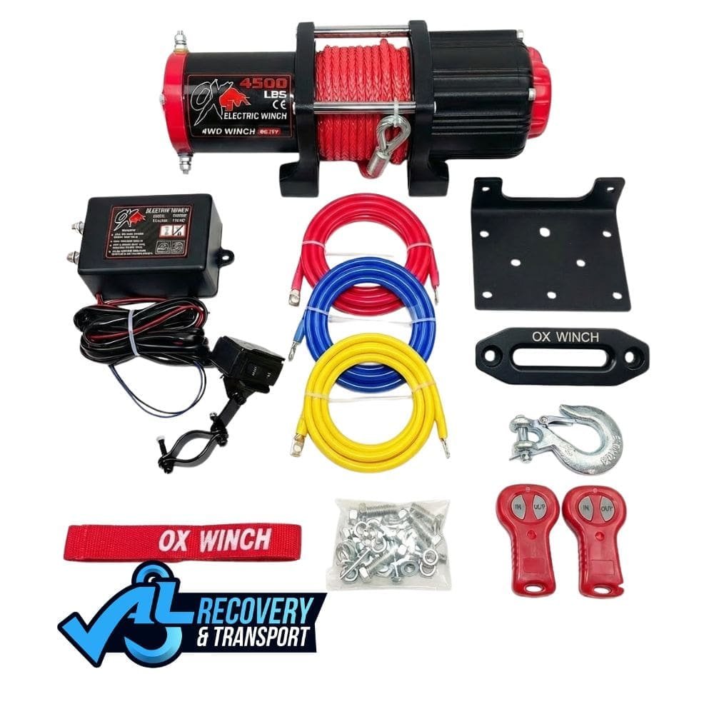 4,500lb Wireless Recovery Winch | Red Synthetic Rope Winch 2 4500lb 12V Electric Winch with Red Synthetic Rope Wireless Control